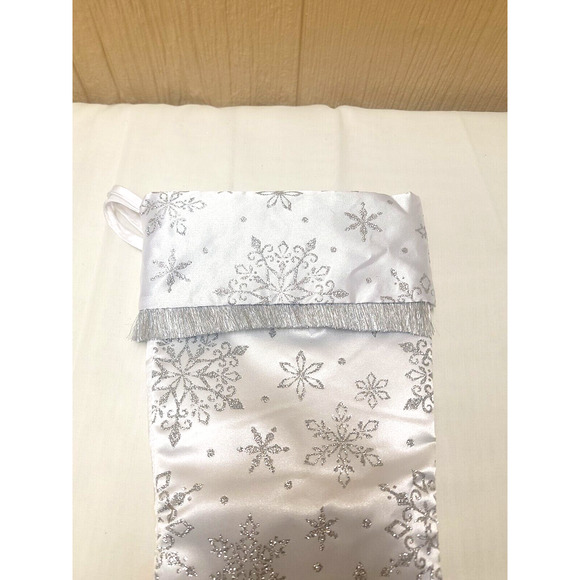 White Silky Snowflake Christmas Stocking Glittery 18 in with Fringe - Picture 2 of 4